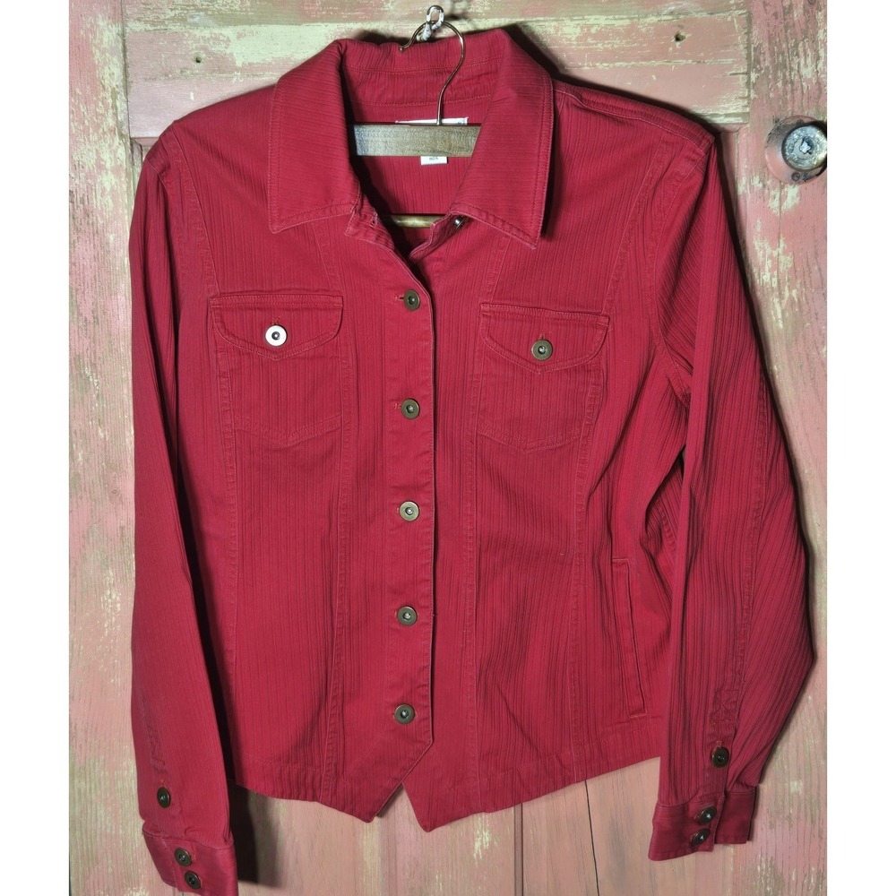 Coldwater Creek Jacket Women Size 12 Red Button Front Ribbed Stretch Long Sleeve